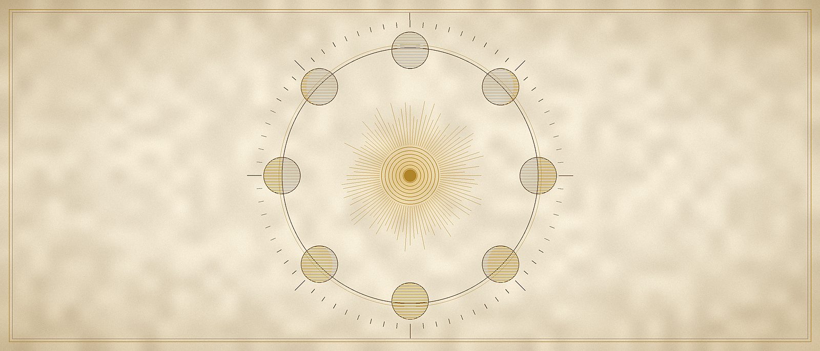 A dial of moon phases ringed around a radiant sun