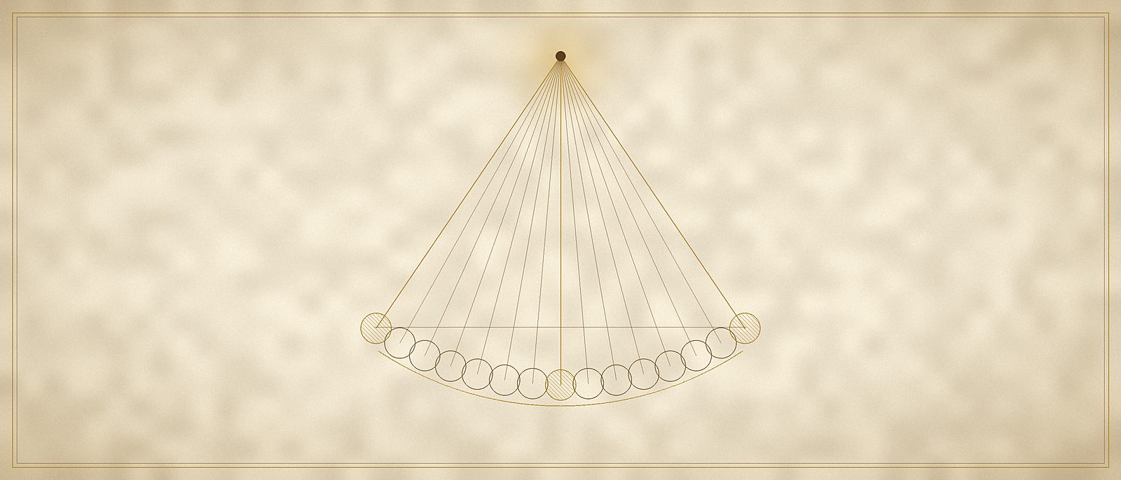 A pendulum drawn at every position of its swing, from one pole to the other